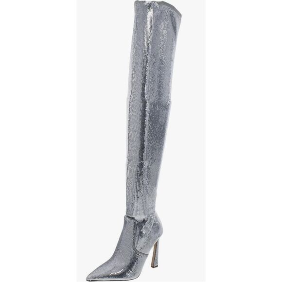 Steve Madden Boots Size 7 Silver Sequined High Heel Over The Knee NEW - Picture 1 of 5